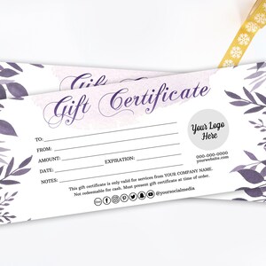 Certificado de regalo, hoja púrpura vintage, vale de regalo imprimible de vacaciones, plantillas de vale de regalo editables, plantilla de certificado de regalo de hoja boho