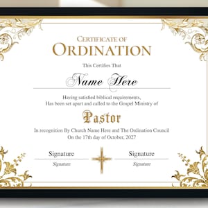 Plantilla de certificado de ordenación de pastor, certificado de ordenación editable, certificado de ordenación elegante, certificado de ministerio imprimible