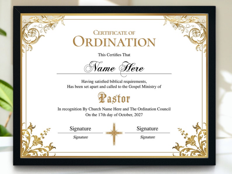 Pastor Ordination Certificate Template, Editable Certificate of Pastor Ordination Certificate Template, Editable Certificate of