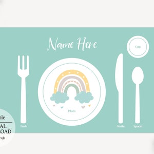 Könnte beinhalten: Editierbares Platzset mit einem Regenbogen-Design auf einem Teller, einer Gabel, einem Messer, einem Löffel und einer Tasse. Das Platzset ist hellblau mit weißen Umrissen. Der Text "Name Here" befindet sich oben auf dem Platzset.