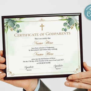 Godparents Certificate Template, Printable Editable Godparents ...