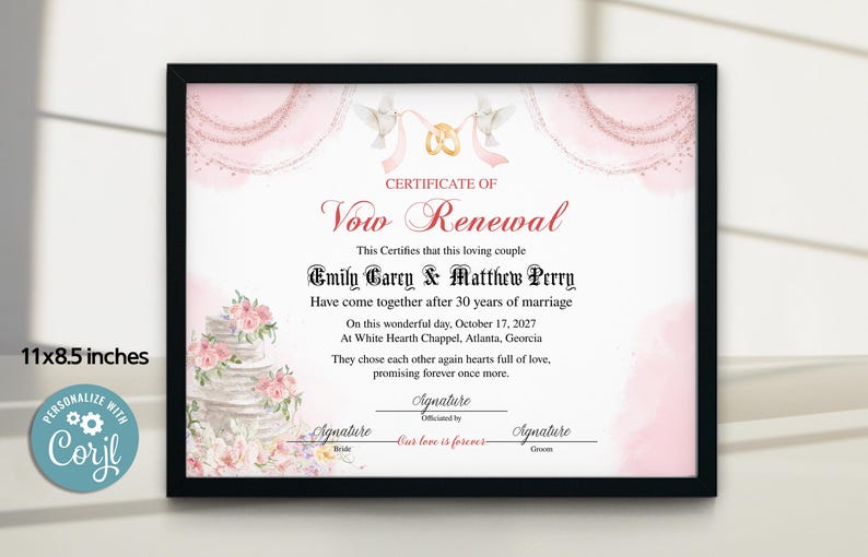 Editable Vow Renewal Certificate Template, Printable Wedding Vow Renewal Certificate, Printable Marriage Vows Keepsake, Vow Renewal Gift