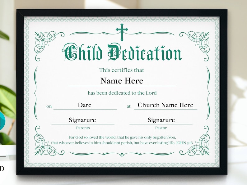 Printable Child Dedication Certificate, Green Child Dedication