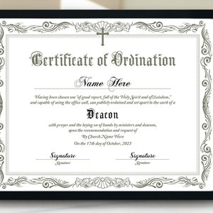Certificaat diakenwijding, afdrukbaar wijdingscertificaat, elegante wijdingscertificaatsjabloon, ministeriecertificaat, Corjl