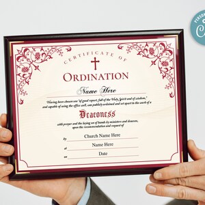11x8.5 Deaconess Ordination Certificate Template, Ordained Minister ...