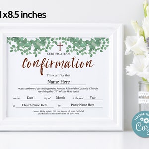 Confirmation Certificate, 11x8.5 Catholic Confirmation Certificate ...