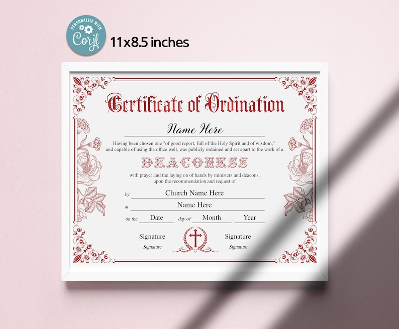Deaconess Ordination Certificate Template, 11x8.5 Certificate of ...