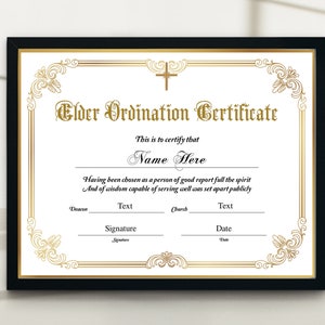 Elder Ordination Certificate, Printable Certificate of Ordination