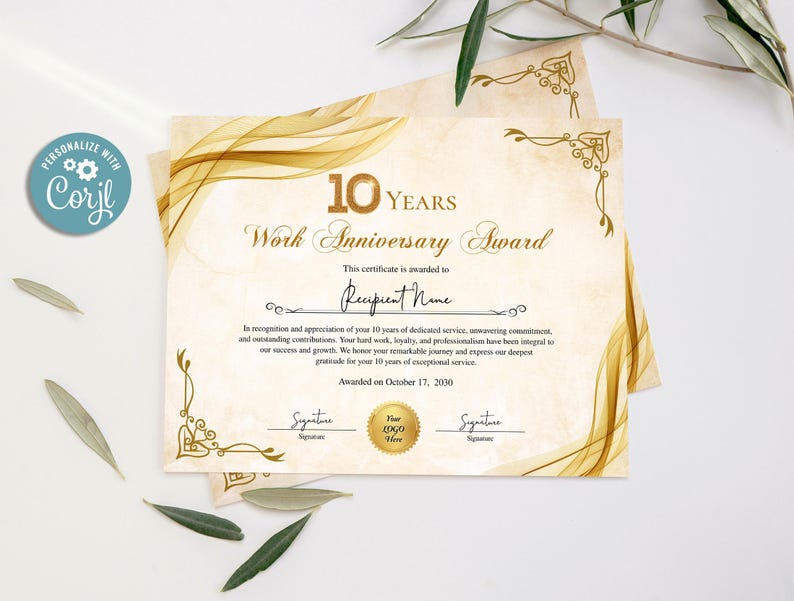 10 Years of Service Certificate, Printable Employee Recognition ...