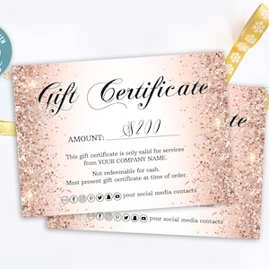 Plantilla de certificado de regalo de brillo rosa 5X7, diseño de certificado de regalo de oro rosa, vale de regalo imprimible para vacaciones, vale de regalo de salón de belleza
