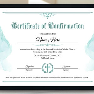 Confirmation Certificate Template, 11x8.5 Printable Confirmation Certificate, Editable Catholic Confirmation Certificate, Church Certificate
