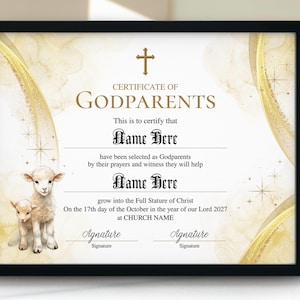 Plantilla de certificado de padrinos dorados, certificado de padrinos imprimible y editable, certificado de padrinos de regalo, certificado para padrinos