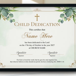 Plantilla de certificado de dedicación infantil 11x8.5, certificado de dedicación infantil editable, dedicación de bautizo infantil, certificado de bautismo