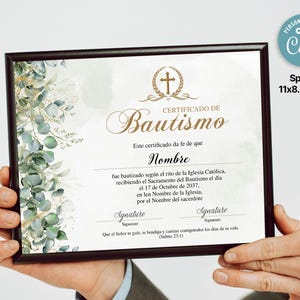 Plantilla de certificado de bautismo con vegetación, certificado de bautismo en español, certificado de regalo en español imprimible y editable.