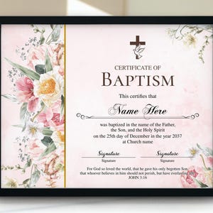 Plantilla de certificado de bautismo con acuarela de flor rosa, regalo de bautismo, certificado de bautismo imprimible y editable, certificado de bautismo de niña, bricolaje