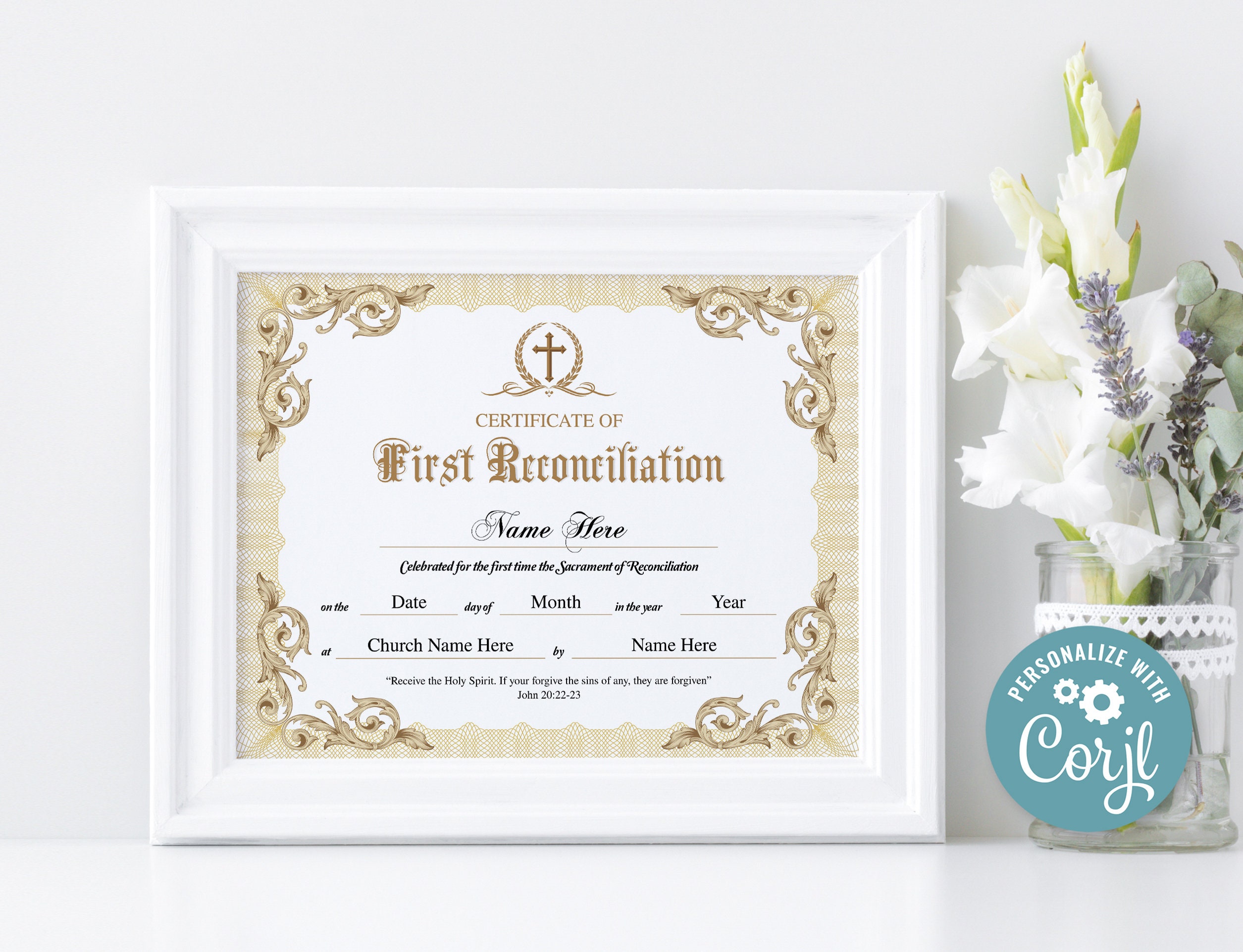 11x8.5 First Reconciliation Certificate, Printable Certificate of First ...