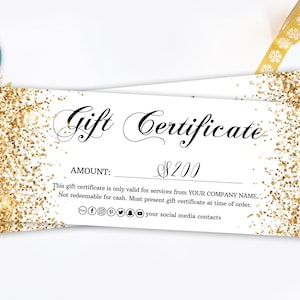 Plantilla de certificado de regalo con purpurina dorada, vale de regalo imprimible para vacaciones, diseño de certificado de regalo dorado y blanco, vale de regalo para salón de belleza