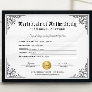 Printable Certificate of Authenticity Template, Editable Certificate of ...
