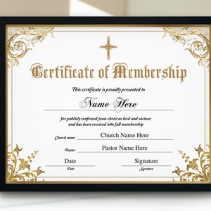 Certificado de membresía de la iglesia 11x8.5, certificado de membresía editable imprimible, certificado de nuevo miembro, descarga instantánea de plantillas de iglesia