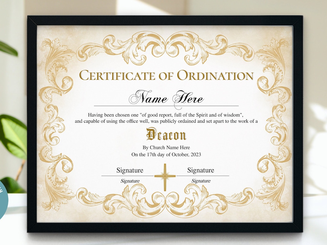 Deacon Ordination Certificate Template, Printable Certificate of