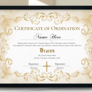 Deacon Ordination Certificate Template, Printable Certificate of Ordination, Vintage Ordained Minister, Editable Ministry Certificate, Corjl