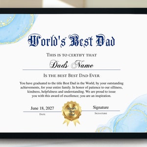 Best Dad Award Certificate, World&#39;s Best Dad Certificate Award, Editable Printable Dad Birthday gift, Father&#39;s Day,Personalized Gift for Dad