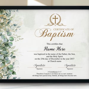 Certificado de bautismo con vegetación, certificado de bautismo editable, bautismo de niño/niña, regalo de bautismo, plantilla de certificado de bautismo imprimible, 11 x 8.5