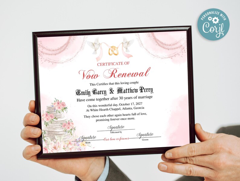Editable Vow Renewal Certificate Template, Printable Wedding Vow Renewal Certificate, Printable Marriage Vows Keepsake, Vow Renewal Gift