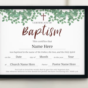Descarga del certificado de bautismo, edición del certificado de bautismo 11x8.5, plantilla de certificado de bautismo de bebé imprimible, certificado de la iglesia, santo bautismo