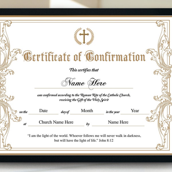 Certificate Of Confirmation, 11x8.5 Gold  Confirmation Certificate Template,  Printable Church certificate, Minimalist Religious Certificate