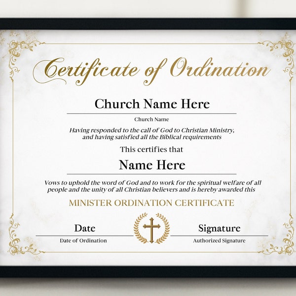 Certificate of Ordination Minister, Ministry Certificate, Printable Certificate of Ordination, PDF, PPT, Editable Certificate of Ordination