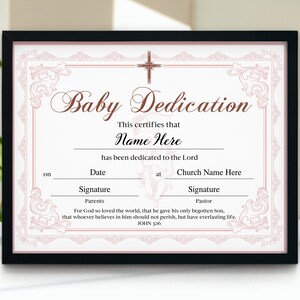 Certificado de dedicación de bebé, Certificado de dedicación de niña, Dedicación de bautizo de bebé 11x8.5, Plantillas de iglesia imprimibles editables