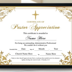 Certificate of Appreciation Template, Editable Printable Certificate, 11x8.5 Pastor Appreciation Certificate, Appreciation Gift Certificate