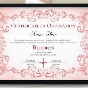Deaconess Ordination Certificate Template, 11x8.5 Ordained Minister, Certificate of Ordination, Printable Editable Ministry Certificate