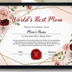 Mejor plantilla de certificado de mamá, regalo personalizable para mamá, certificado del día de la madre imprimible editable con flores, regalo para el día de la madre