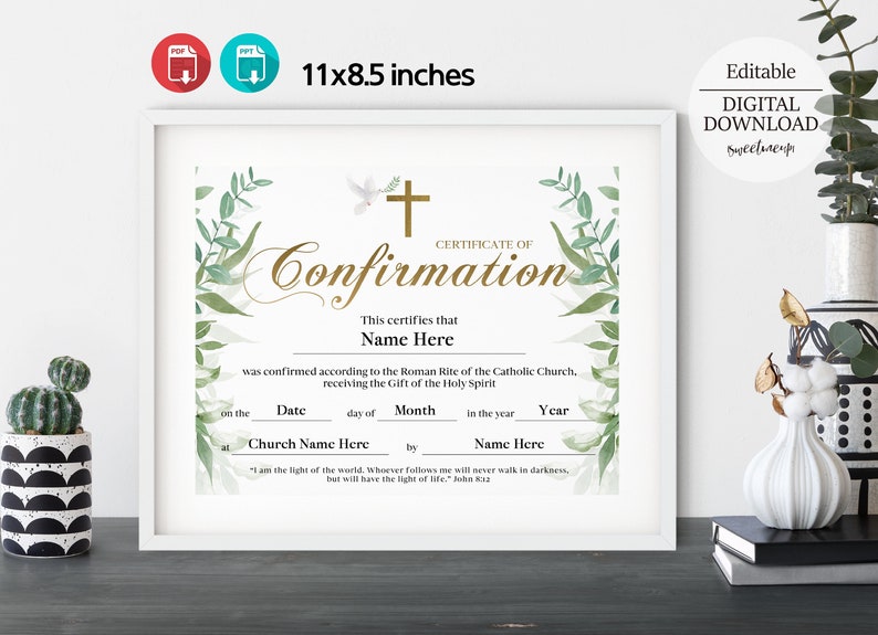Confirmation Certificate, Church Office Supplies, Editable and