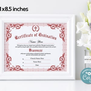 Deaconess Ordination Certificate Template, Printable Editable ...