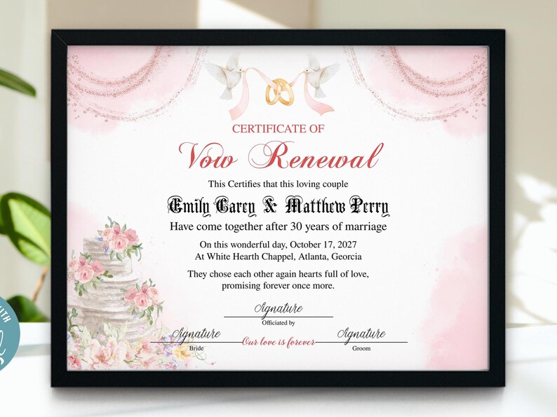Editable Vow Renewal Certificate Template, Printable Wedding Vow Renewal Certificate, Printable Marriage Vows Keepsake, Vow Renewal Gift