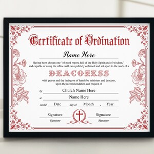 Deaconess Ordination Certificate Template, 11x8.5 Certificate of ...