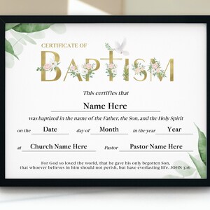 Certificado floral de bautismo de bebé, plantilla de certificado de dedicación de bebé de 11x8.5, bautismo de niña y niño, certificado de oración de la iglesia de bebé