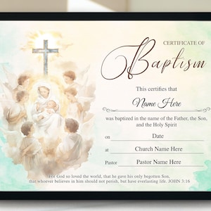Plantilla de certificado de bautismo, regalo de bautismo, certificado de bautismo imprimible, bautismo de niño/niña, plantilla de certificado de bautismo editable, 11x8.5