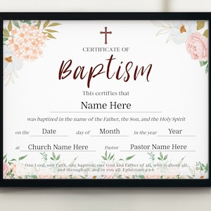 Certificado de bautismo imprimible, regalo de bautismo de niñas, plantilla de certificado de bautismo floral, certificado de bautismo imprimible editable, bautizo