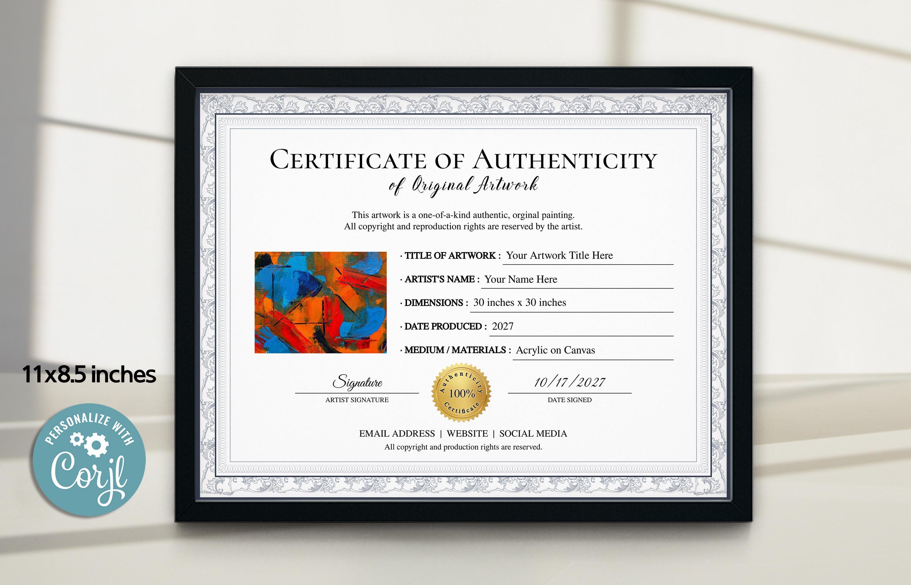 Printable Certificate of Authenticity, Editable Authenticity
