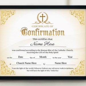 Certificat de confirmation modifiable, modèle de certificat de confirmation 11x8.5, certificat d'église élégant, certificat religieux en or