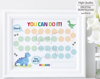 May include: A printable chart with a dinosaur theme for children to track their progress. The chart has a colourful rainbow banner at the top with the words "YOU CAN DO IT!" and a blue dinosaur at the bottom with the words "You did it!" and "REWARD".