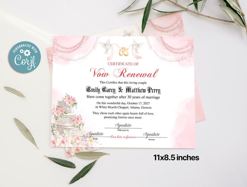 Editable Vow Renewal Certificate Template, Printable Wedding Vow Renewal Certificate, Printable Marriage Vows Keepsake, Vow Renewal Gift
