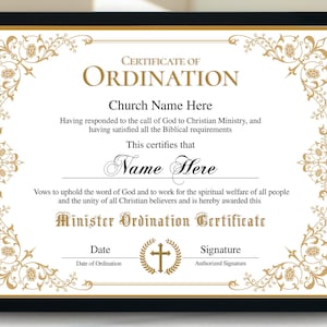 Ordinationsbescheinigung für Pastor, bearbeitbares bearbeitbares Ordinationspatent für Pastor, Ordinationsbescheinigung, Zertifikat für Evangeliumsdienst