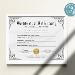 Printable Certificate of Authenticity Template, Editable Certificate of ...