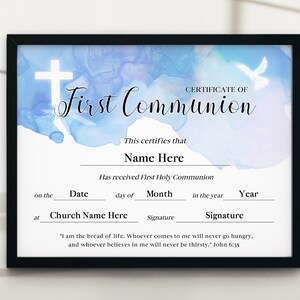11x8.5 First Communion Certificate, Printable First Communion ...