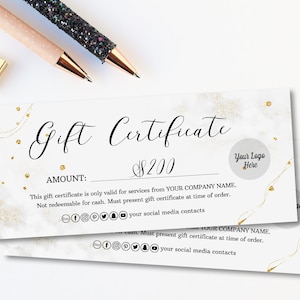 Certificado de regalo con purpurina dorada, plantilla de vale de regalo moderna y elegante, certificado de regalo de belleza de lujo, vale de regalo para estilista de maquillaje de salón